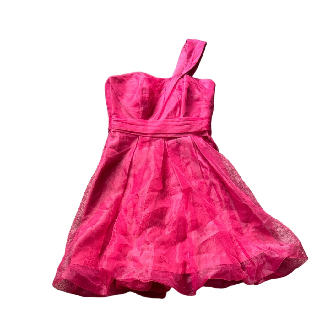 David’s Bridal Hot Pink Tulle One-Shoulder Bridesmaid Mini Dress SIZE 2